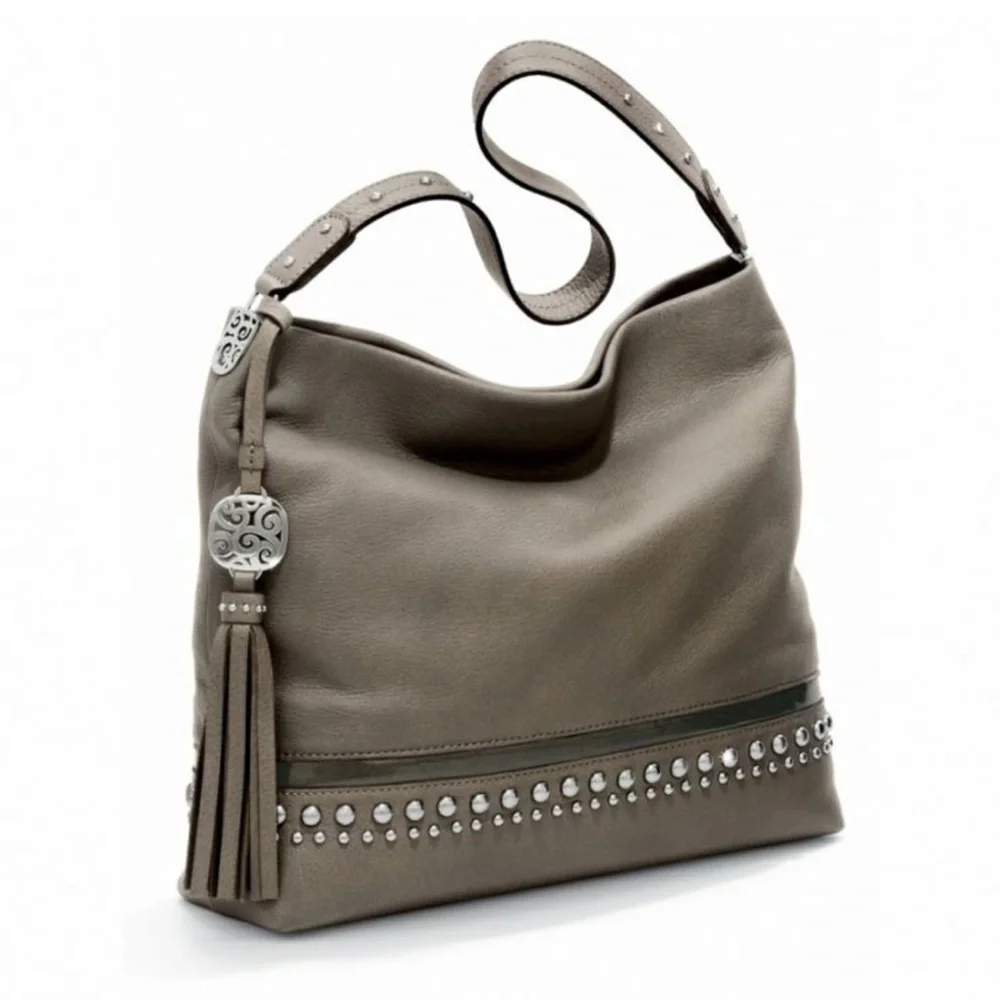 Brighton Taupe Leather Hobo Studded Shoulder Bag